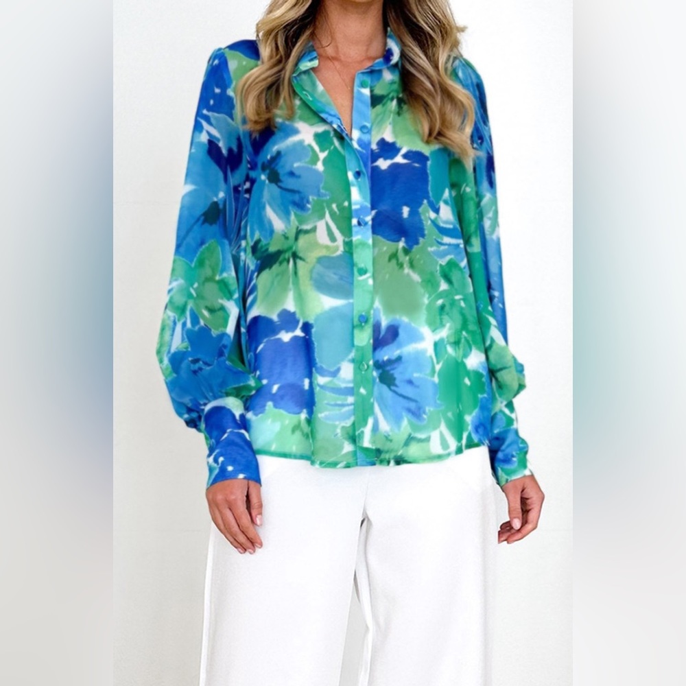 Matcha Green Printed Button Up Lantern Sleeve Shirt